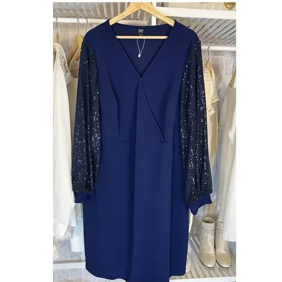 Emery Rose Women's Size 5XL Navy Sequin Sleeve Sheath Knee Length Dress #0421 - Picture 1 of 14